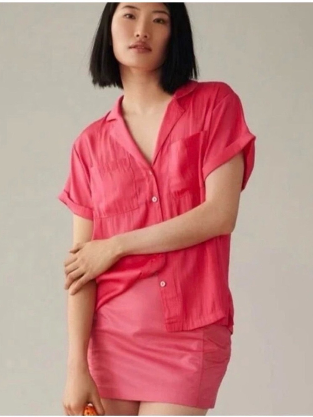 ANTHROPOLOGIE Classic Surf Satin Pink Button Down Shirt Size L